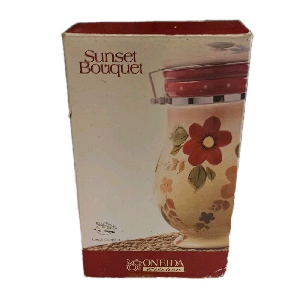 VTG Oneida Sunset Bouquet Hand Painted Ceramic Canister Airtight Hinged Lid 8" - Picture 6 of 16